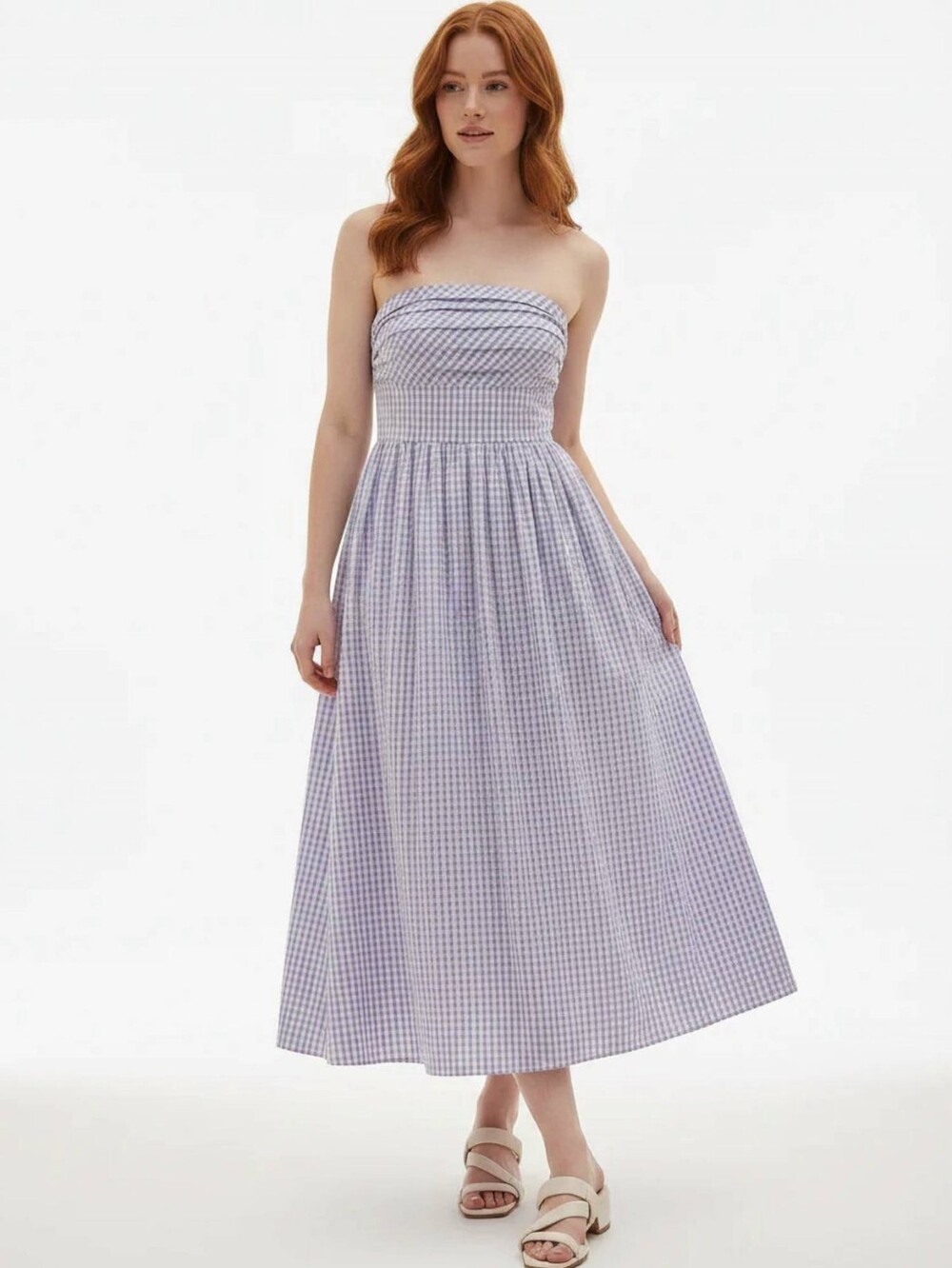 Cartolina Chalmers Strapless Seersucker Midi Dress Wisteria Lavender Gingham M - Picture 1 of 11